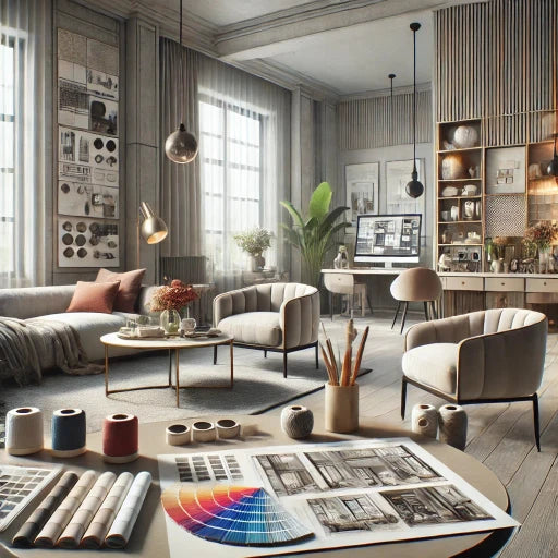 A realistic image of a partially decorated modern living room with elegant furniture and decor being arranged. Design materials like fabric swatches, color samples, and decor catalogs are placed on a table. A printed design proposal, including a mood board, is shown, reflecting the vision for the completed space. The atmosphere is professional and creative, emphasizing the design process.